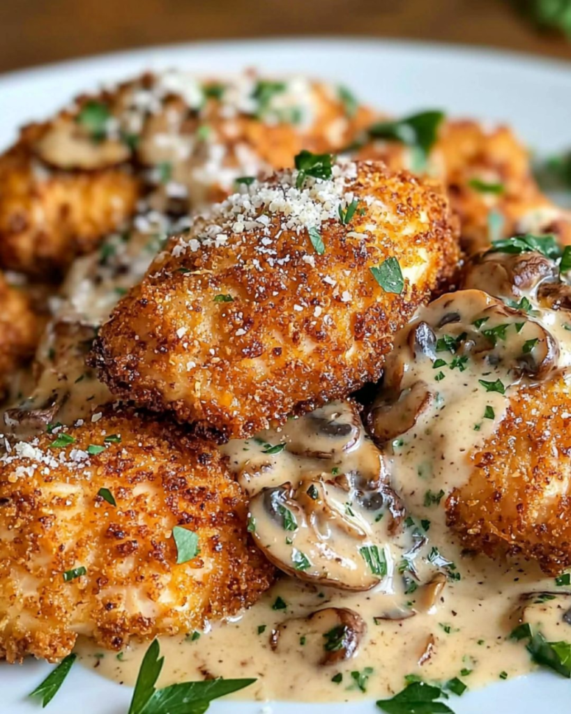 Poulet doré et croustillant nappé d’une sauce crémeuse aux champignons, servi avec des pâtes.