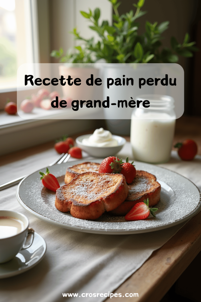 Pain perdu de ma grand-mère doré et servi avec fruits et sirop.