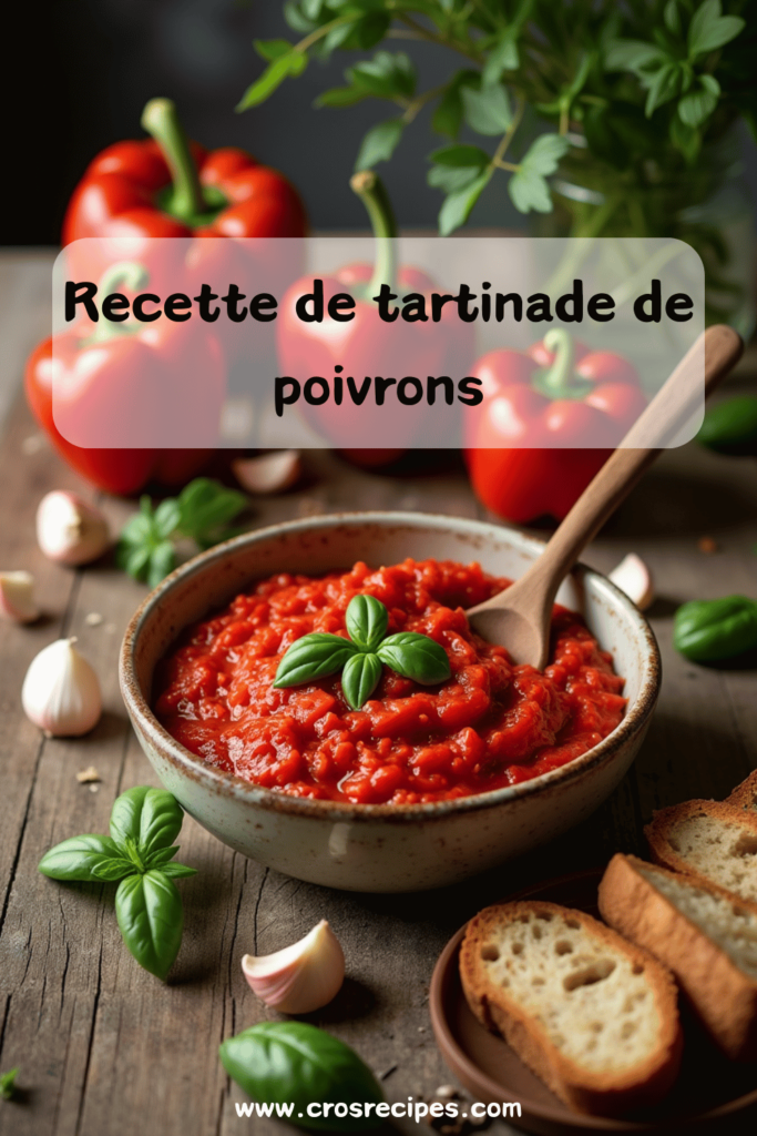 Tartinade de poivrons rouges servie avec du pain grillé.