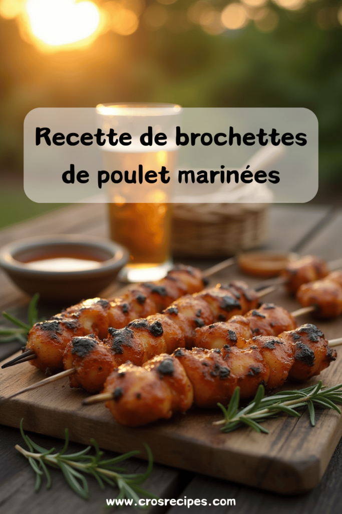 Brochettes de poulet marinées à la bière et au miel grillées avec une garniture de coriandre.