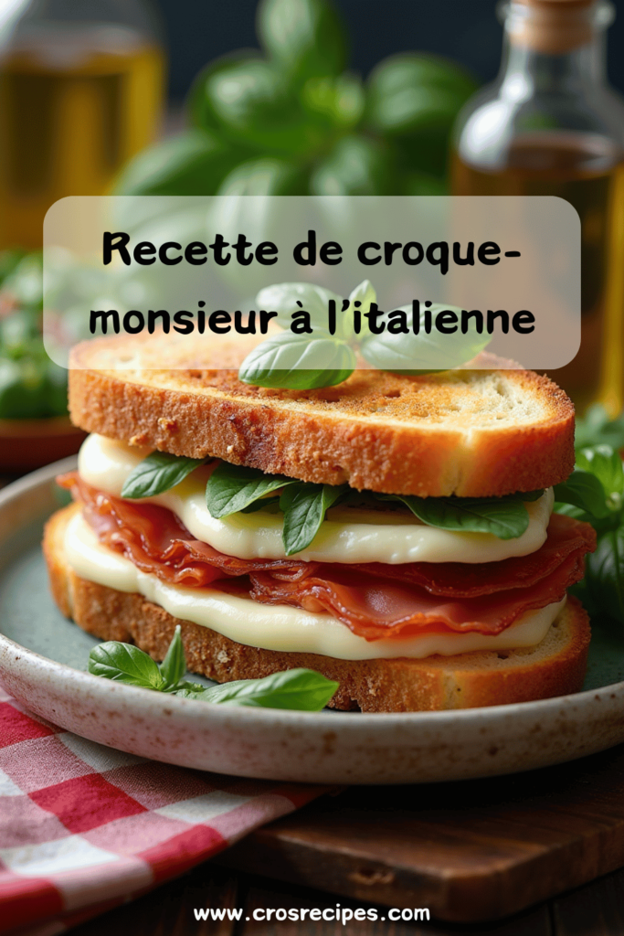 Croque-monsieur à l’italienne doré et fondant avec mozzarella, pesto, jambon cru et tomates fraîches.