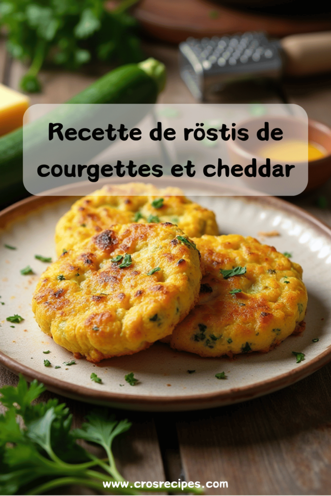 Röstis de courgettes et Cheddar dorés et croustillants dans une poêle.