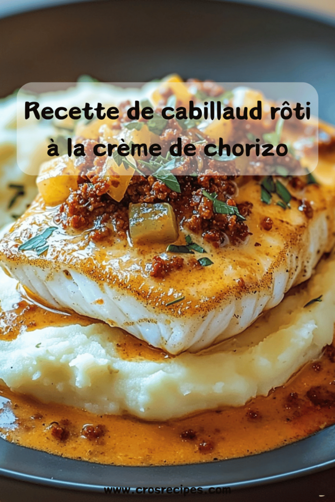 Cabillaud rôti avec une crème de chorizo onctueuse, accompagné d’une purée maison veloutée, présenté dans une assiette gastronomique.