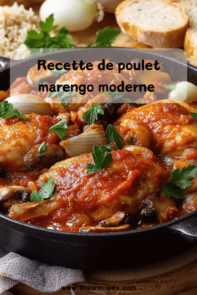 Poulet doré accompagné d'une sauce tomate onctueuse, de champignons et de légumes, présenté avec une touche de persil frais.