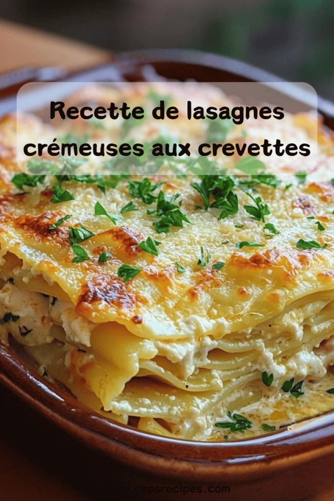 Plat de lasagnes crémeuses aux crevettes, dorées et gratinées à la perfection.