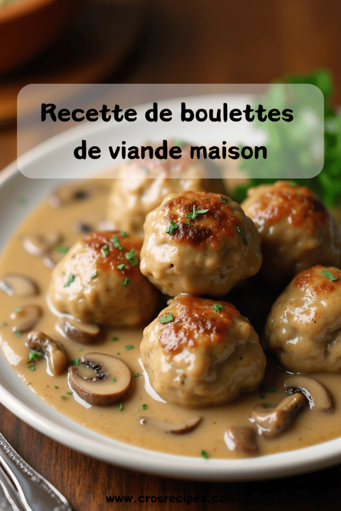 Boulettes de viande nappées d’une sauce crémeuse aux champignons, servies dans une assiette.