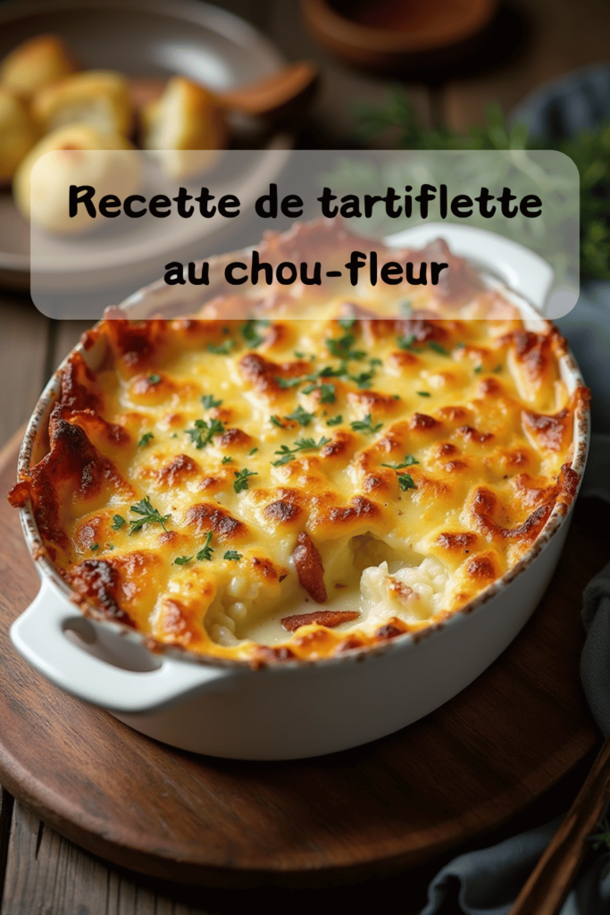 Un plat gratiné de tartiflette au chou-fleur avec du reblochon fondu, des lardons dorés et une texture crémeuse, servi dans un plat à gratin sur une table en bois rustique.