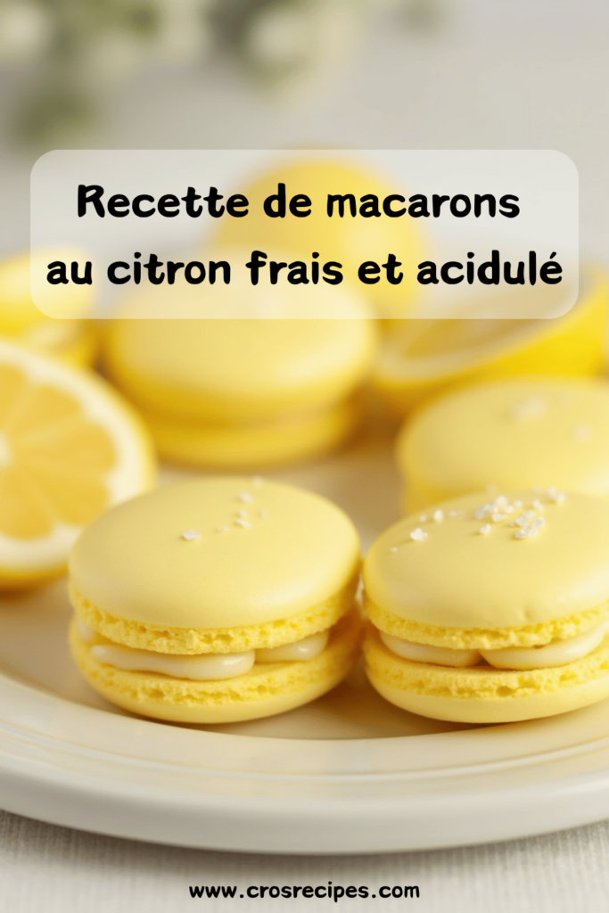 Macarons au citron faits maison avec une coque dorée et brillante, garnis d’une ganache onctueuse au citron, disposés sur une assiette élégante.