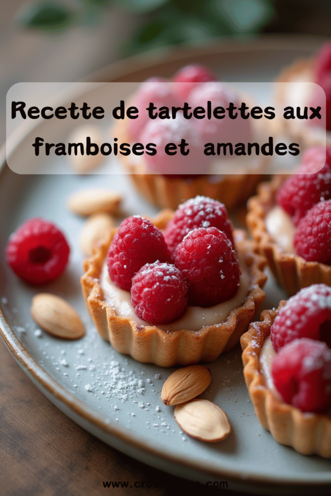 Tartelettes aux framboises et aux amandes, garnies de crème d’amande et saupoudrées de sucre glace, servies sur une assiette.