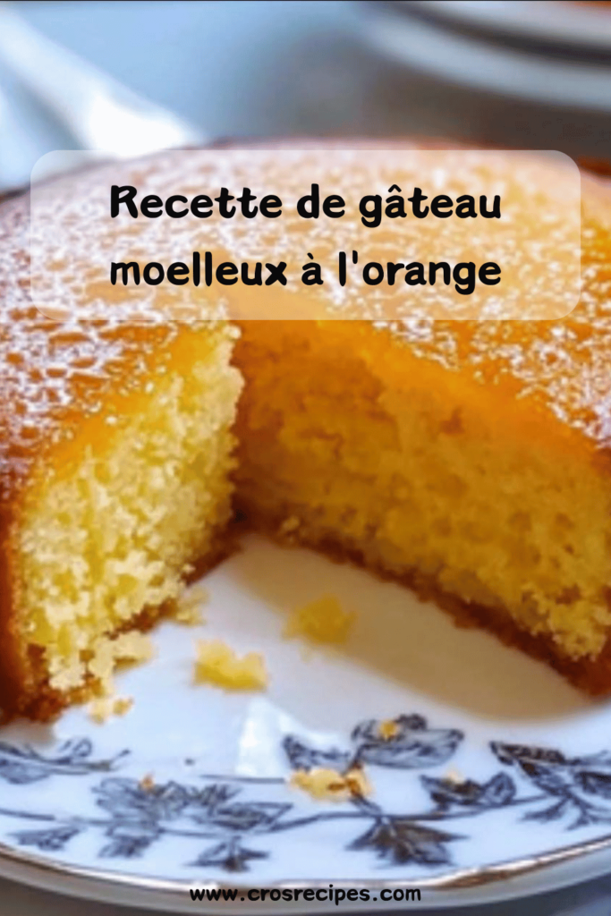 Gâteau moelleux à l’orange imbibé de sirop, présenté sur une assiette avec des tranches d’orange fraîche.