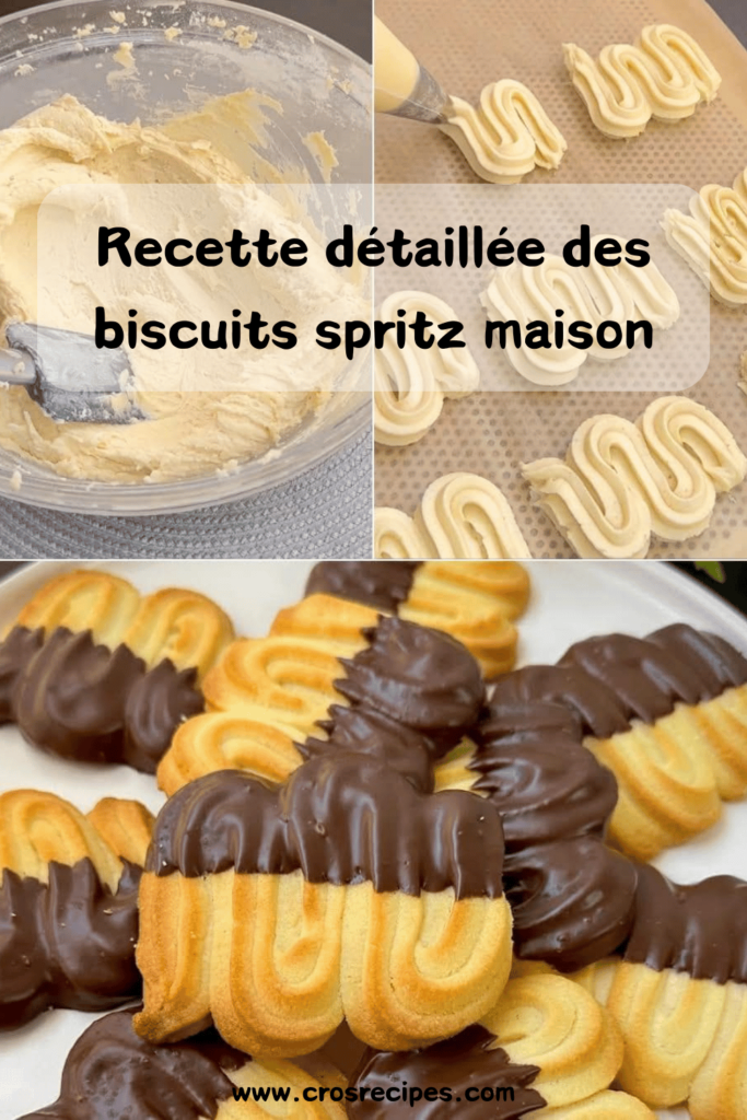 Biscuits spritz dorés et croustillants, trempés dans du chocolat, disposés sur une plaque en bois avec une tasse de café.