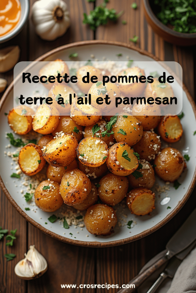 Pommes de terre à l'ail et au parmesan dorées et garnies de persil frais.