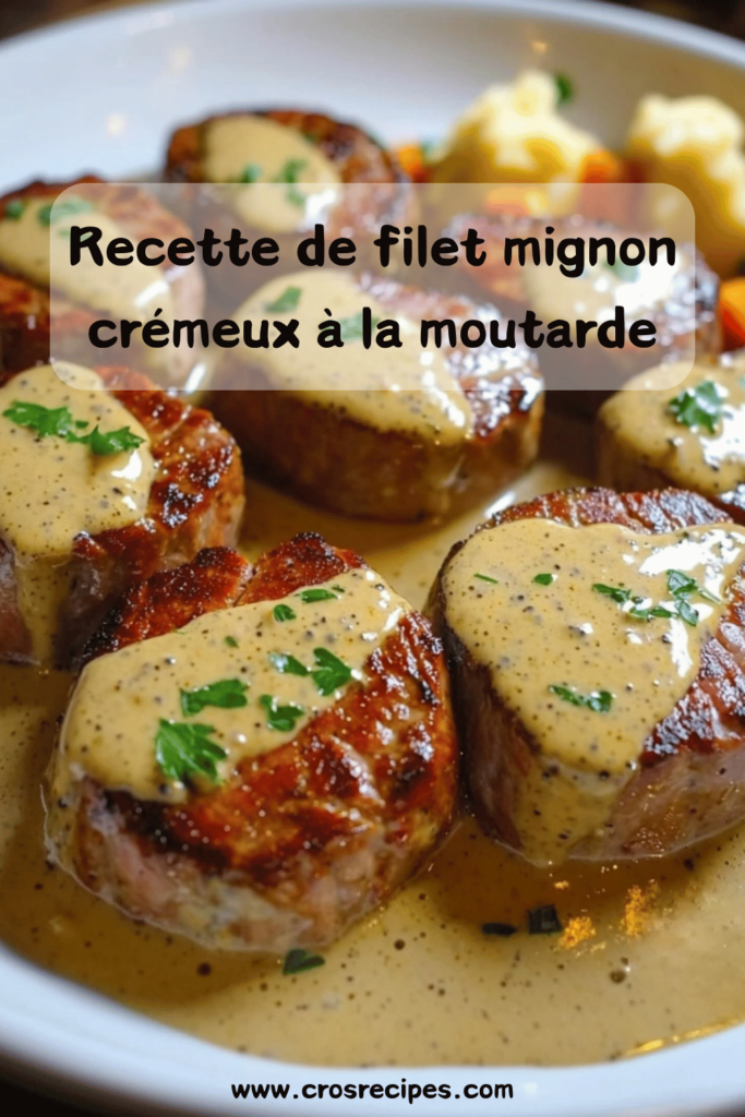 Filet mignon crémeux à la moutarde et au miel servi avec une sauce onctueuse et des légumes de saison.