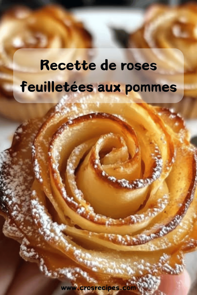 Roses feuilletées aux pommes dorées et saupoudrées de sucre glace, servies dans une assiette élégante.