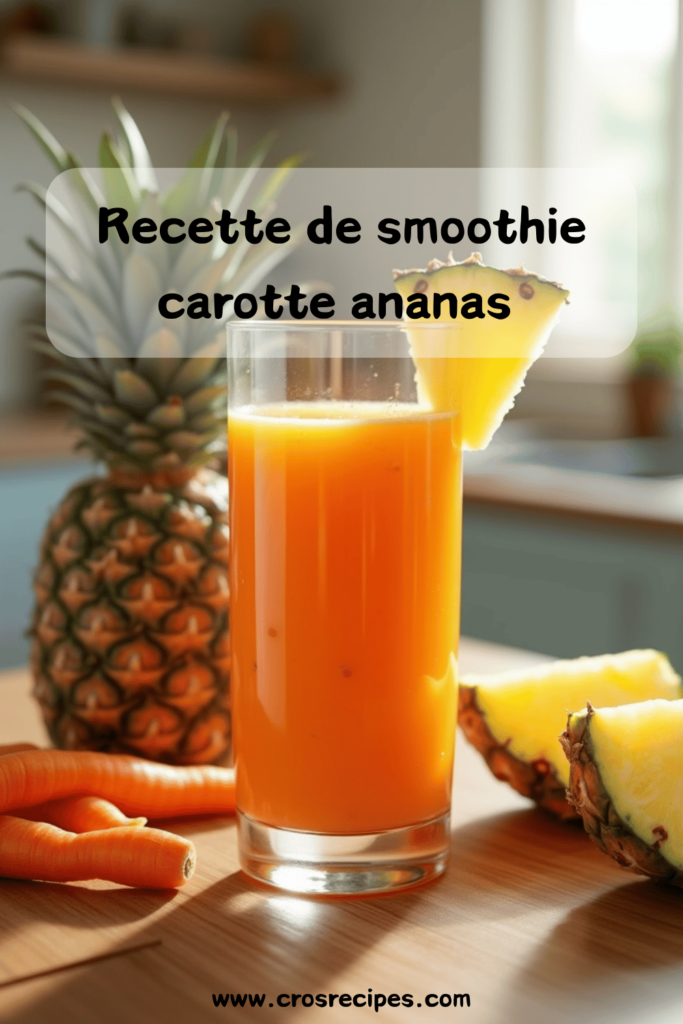 Smoothies carotte ananas dans un verre, décoré avec des morceaux de fruits frais et des glaçons.