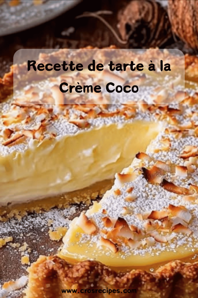 Tarte paradisiaque à la crème coco dorée et décorée de noix de coco râpée, prête à être dégustée.