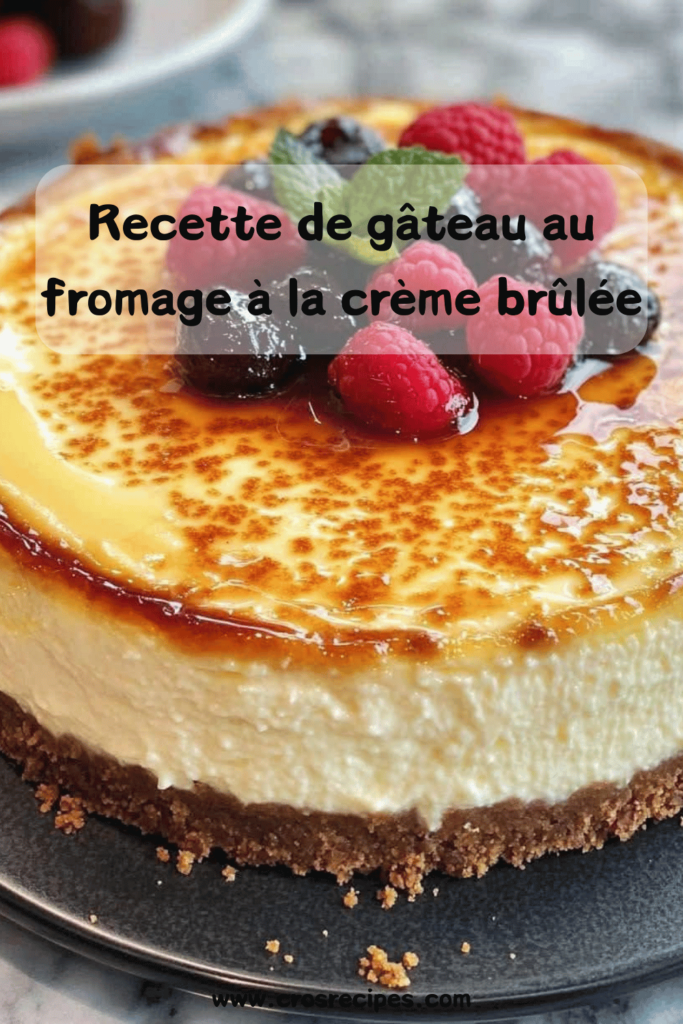 Gâteau au fromage à la crème brûlée avec une croûte dorée et des baies fraîches en décoration.