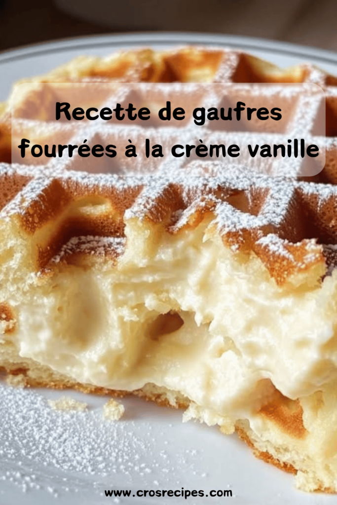 Gaufres dorées fourrées à la crème vanille, saupoudrées de sucre glace.