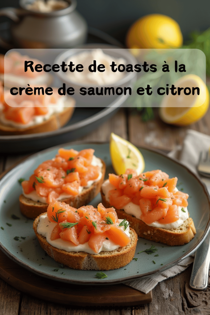 Toasts croquants garnis de crème de saumon et citron, décorés de ciboulette et de baies roses.