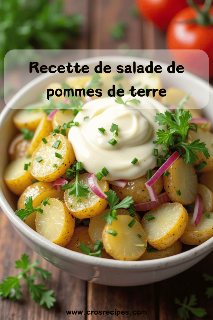 Salade de pommes de terre aux oignons rouges et herbes fraîches dans un grand bol, prête à être servie.