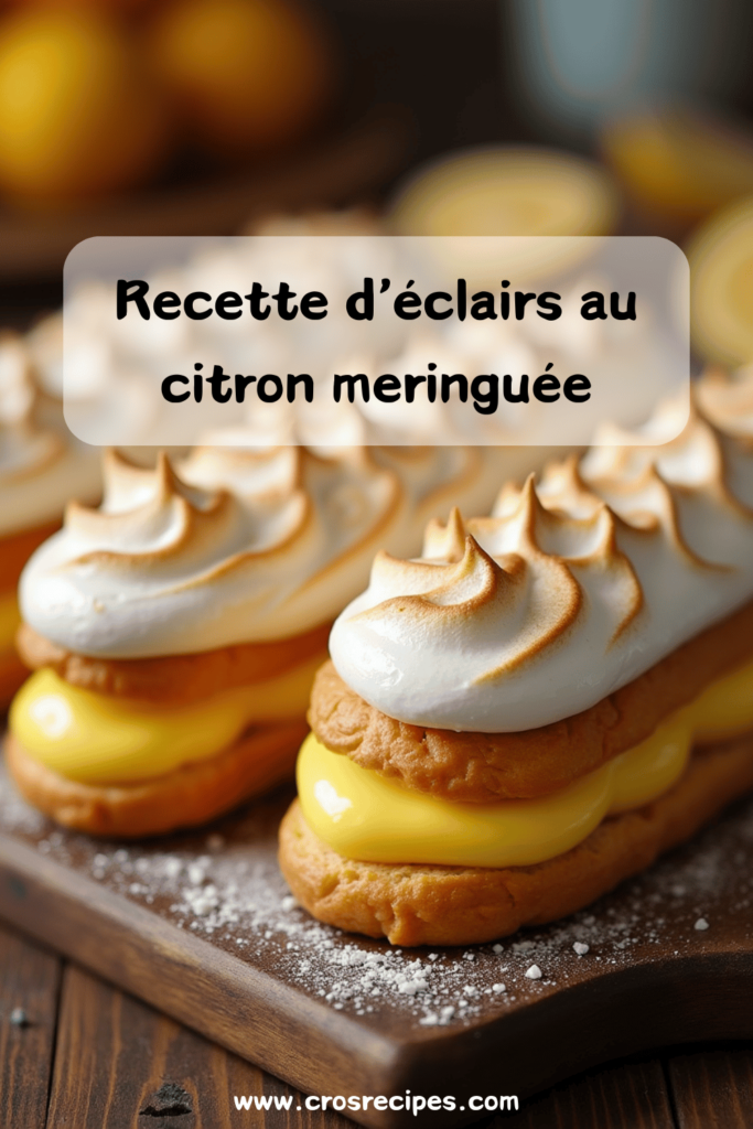 Éclairs au citron meringué décorés avec une meringue dorée et zestes de citron vert.