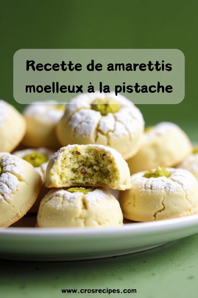 Amarettis moelleux à la pistache saupoudrés de sucre glace, décorés de pistaches entières.

