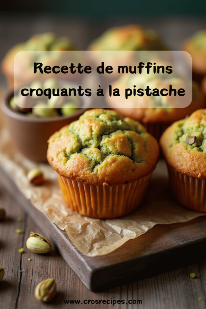 Muffins croquants à la pistache dorés, garnis de pistaches hachées et de sucre croquant sur le dessus.