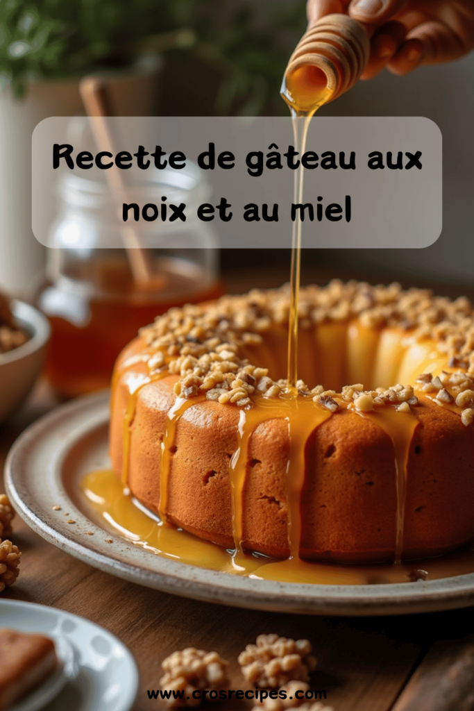 Gâteau aux noix et au miel doré, garni d’un filet de miel et de noix entières.