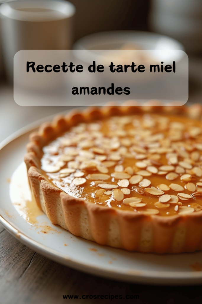 Tarte miel amandes dorée, garnie de lamelles d'amandes effilées, prête à être dégustée.