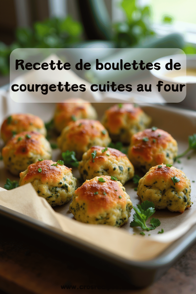 Boulettes de courgettes dorées au four, servies avec une sauce au yaourt et des herbes fraîches.