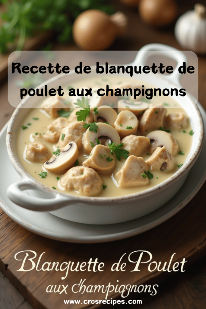 Une assiette de blanquette de poulet aux champignons, garnie de persil frais et servie avec du riz blanc.