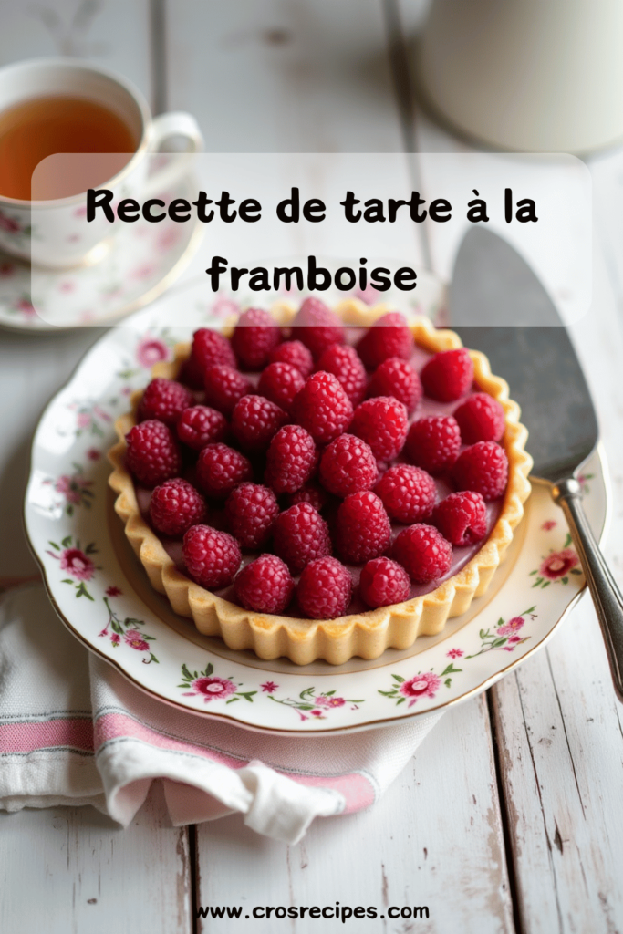 Une tarte à la framboise décorée de framboises fraîches, saupoudrée de sucre glace, servie sur une assiette élégante.