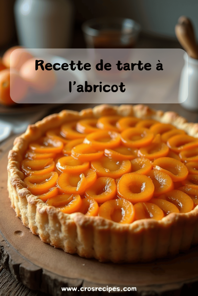 Une tarte à l’abricot dorée, décorée de moitiés d'abricots juteux et saupoudrée de sucre glace.