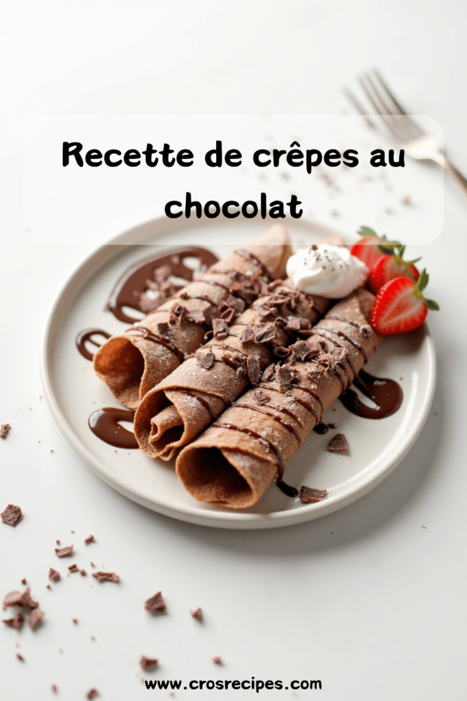 Une pile de crêpes au chocolat garnies de fraises fraîches, de crème chantilly et d'un filet de chocolat fondu.