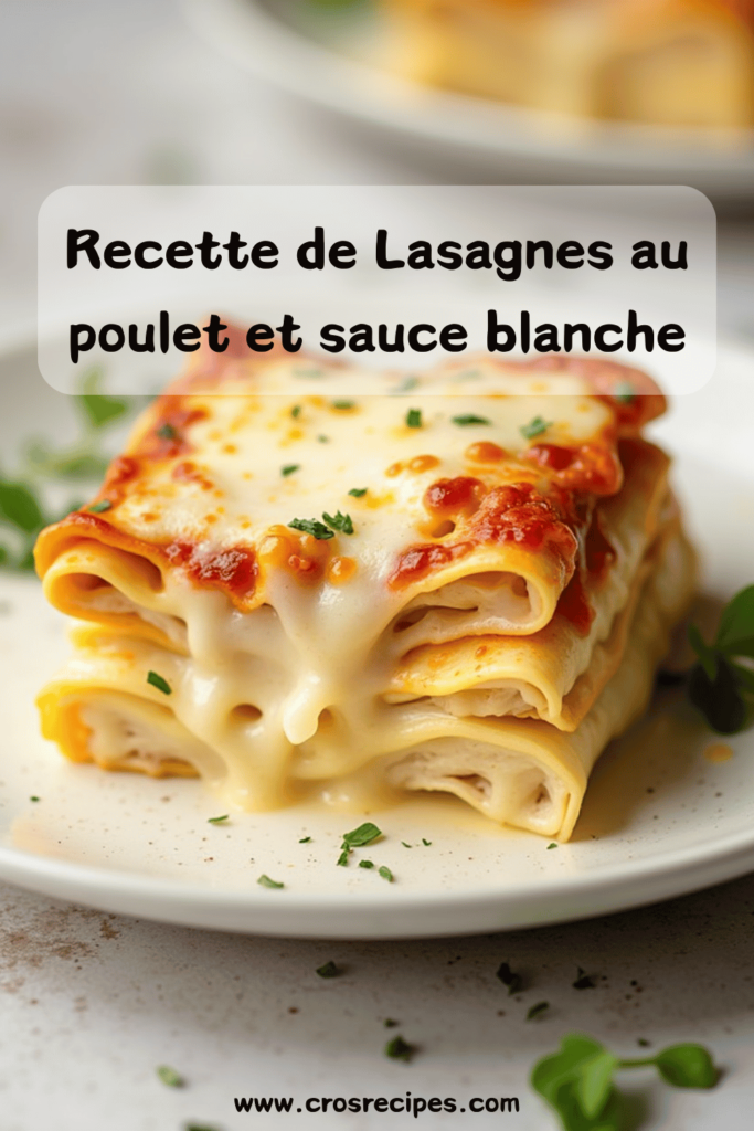 Plat de lasagnes fondantes au poulet, gratinées et dorées, servi dans un plat à gratin avec une garniture de fromage filant.