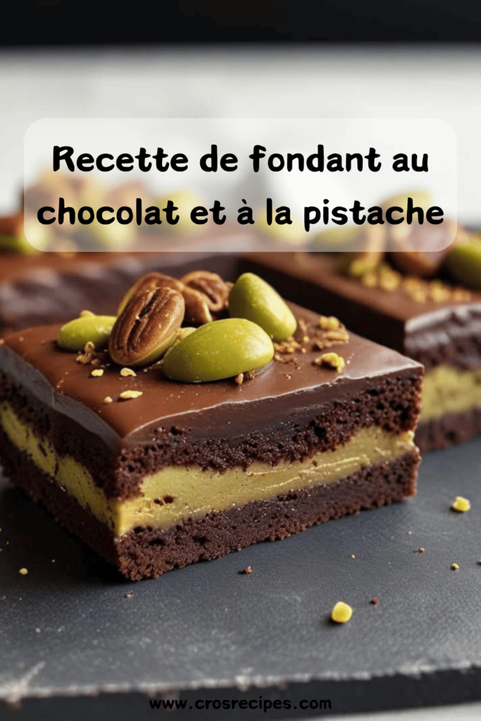 Un fondant au chocolat et à la pistache, garni de pistaches concassées et de crème à la pistache, présenté sur une assiette élégante.