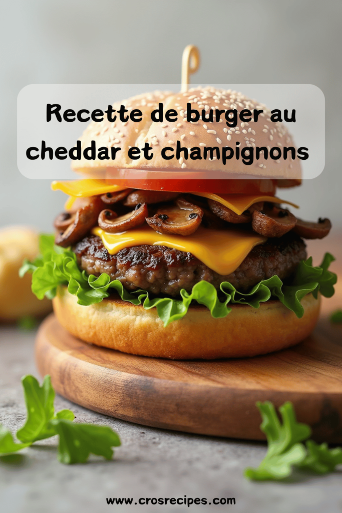 Un burger au cheddar garni de roquette, oignons caramélisés et champignons sautés, accompagné de frites croustillantes et d'un soda.