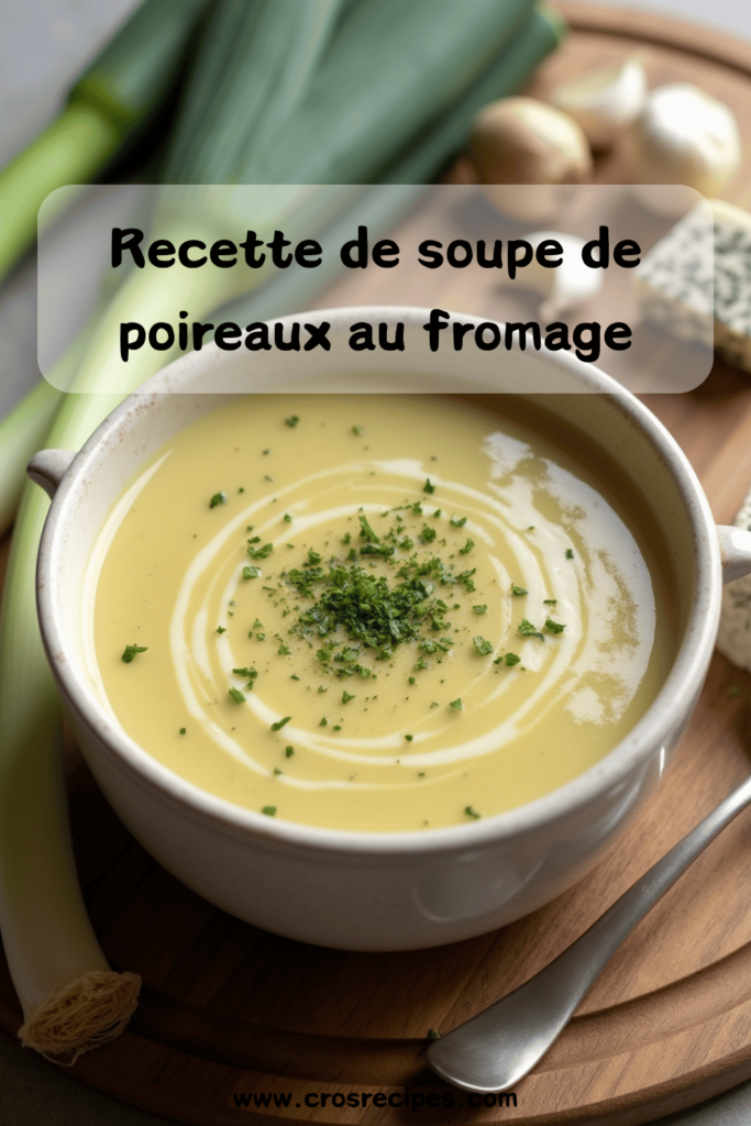 Une soupe crémeuse de poireaux garnie de croûtons dorés et d’une touche d’herbes fraîches, servie dans un bol rustique.