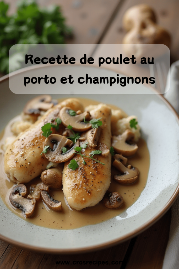 Un plat de poulet au porto et champignons servi avec du riz et décoré de persil frais, dans une assiette élégante.