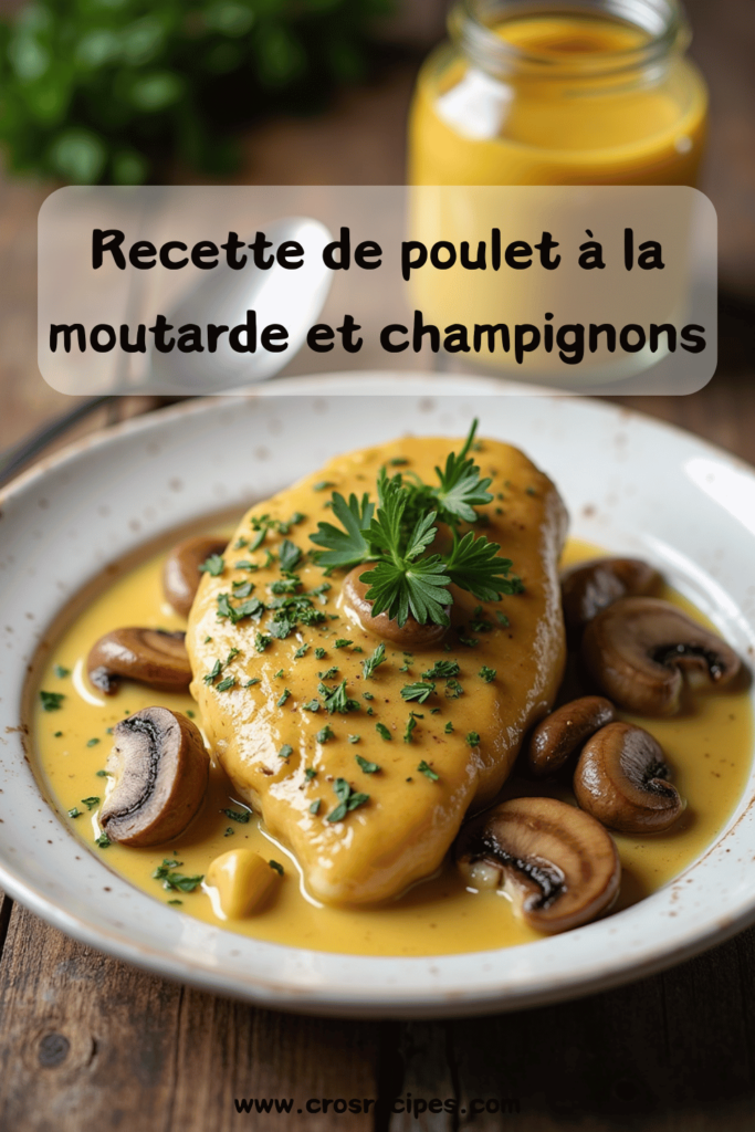 Une assiette de poulet à la moutarde et aux champignons nappé de sauce crémeuse, accompagné de riz et garni de persil frais.