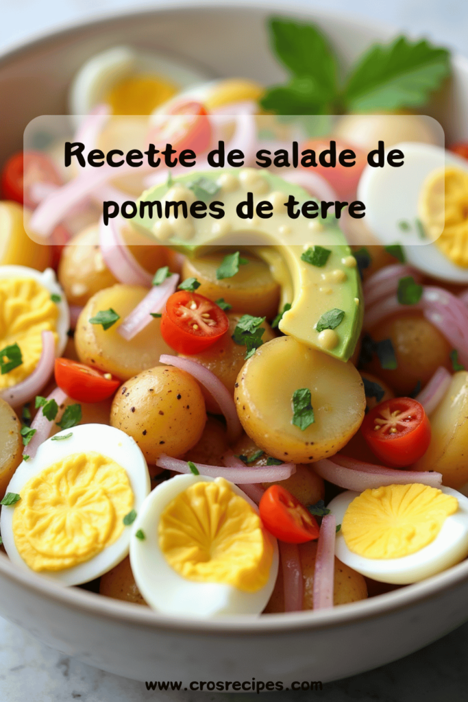 Une assiette de salade de pommes de terre colorée, garnie de persil frais et d'œufs durs, servie dans un saladier rustique.