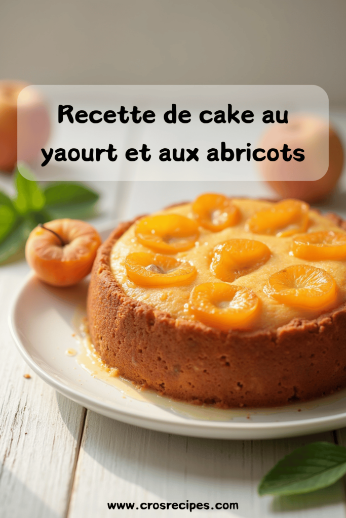 Un cake doré au yaourt et aux abricots, avec des morceaux de fruits juteux visibles, servi sur une assiette élégante.