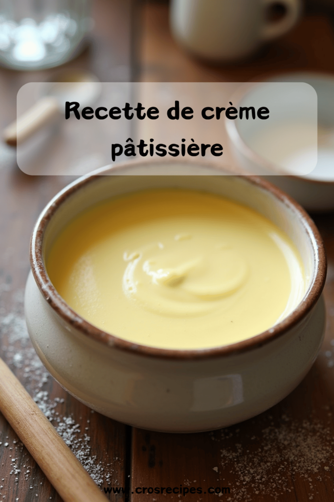 Un bol de crème pâtissière onctueuse, lisse et brillante, garnie de gousses de vanille.