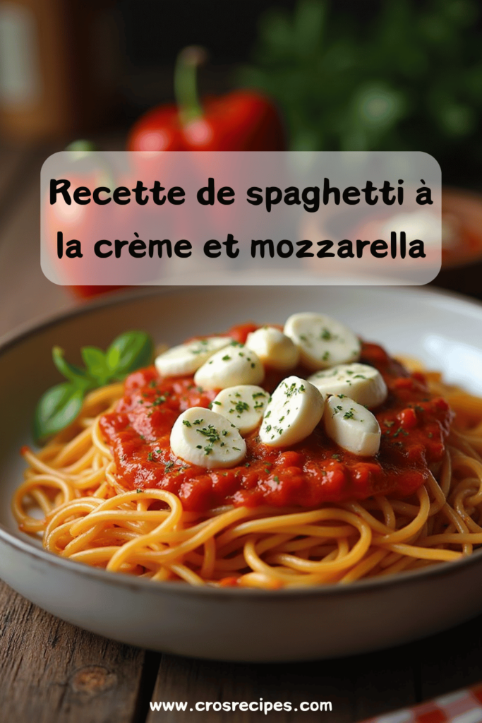 Spaghetti à la crème de poivron rouge et mozzarella, garnis de basilic frais.