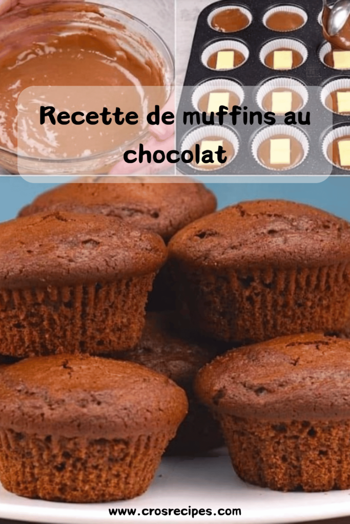 Muffins au chocolat bien gonflés, avec un cœur fondant au chocolat blanc, présentés dans des moules colorés sur une assiette.