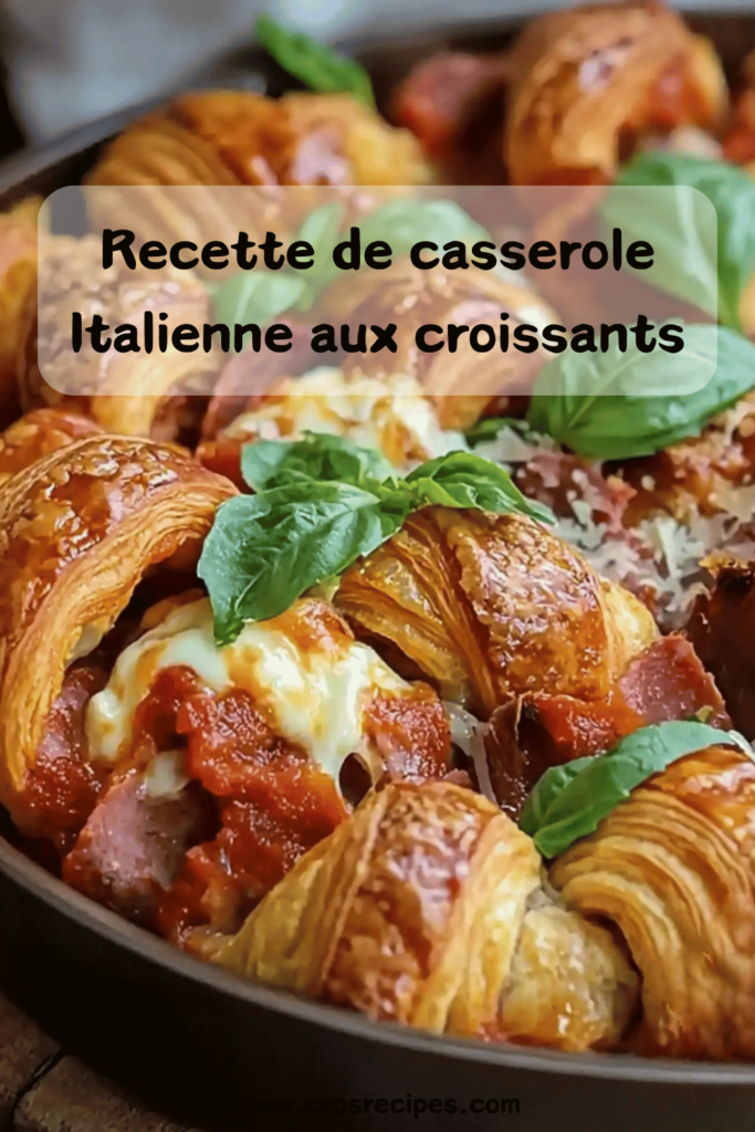 Une casserole dorée et fondante, garnie de croissants, fromages et sauce tomate, avec une touche de basilic frais.