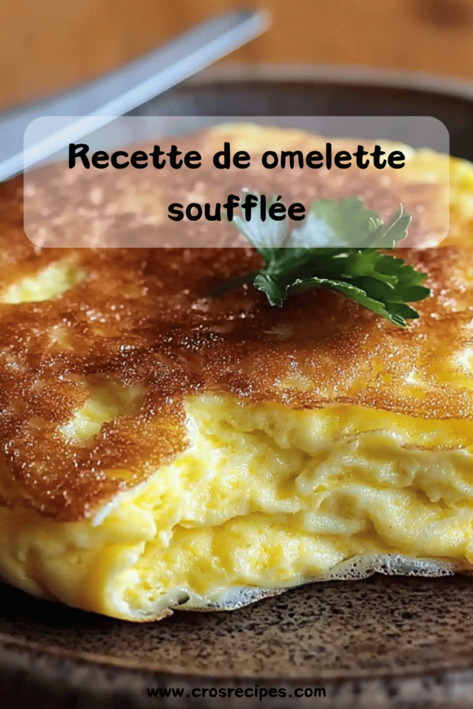 Une omelette soufflée dorée et gonflée, servie dans une poêle avec une garniture de fromage râpé et des herbes fraîches.