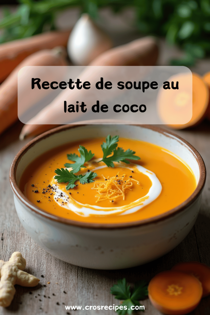 Bol de soupe onctueuse aux carottes, patate douce et gingembre avec un filet de lait de coco et des herbes fraîches.