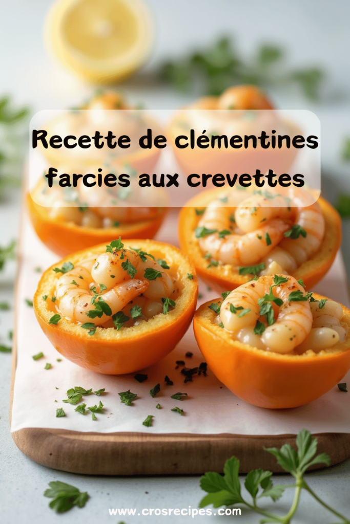 Clémentines farcies aux crevettes avec garniture crémeuse et décoration de baies roses sur une assiette élégante.