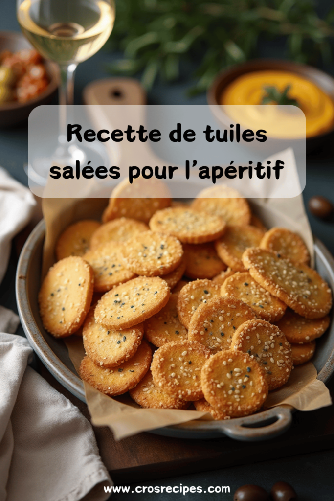 Tuiles salées dorées au parmesan et aux graines variées sur une planche apéritive.